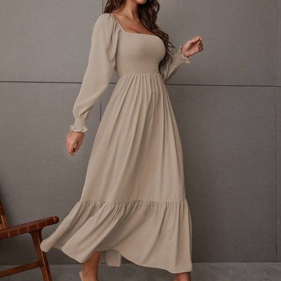 Khaki Boho Womens Square Neck Shirred Ruffle Hem Dress - Picture 4 of 5